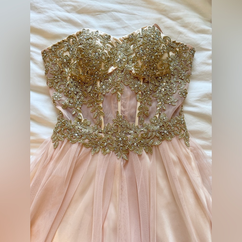 Elegant Pink and Gold Strapless Corset Dress